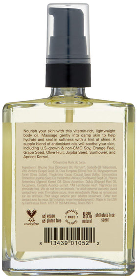 FarmHouse Fresh Clementine Body Oil closeup bottle glistening with citrus hydration