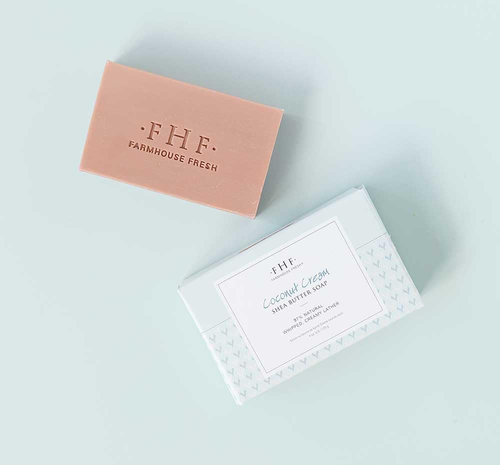 FarmHouse Fresh Coconut Cream Soap packaging in a pastel blue box, ready for gifting and pampering.