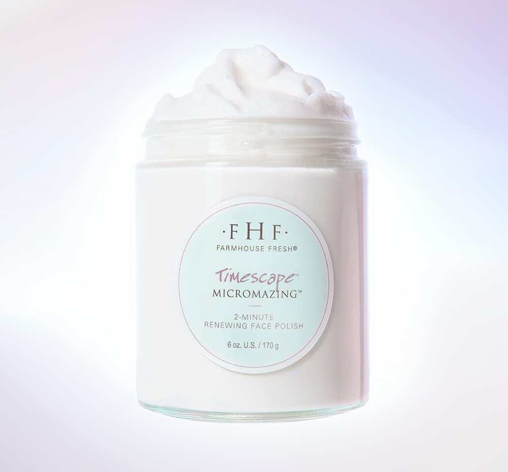 FarmHouse Fresh Timescape micromazing scrub jar with creamy texture for quick exfoliation.
