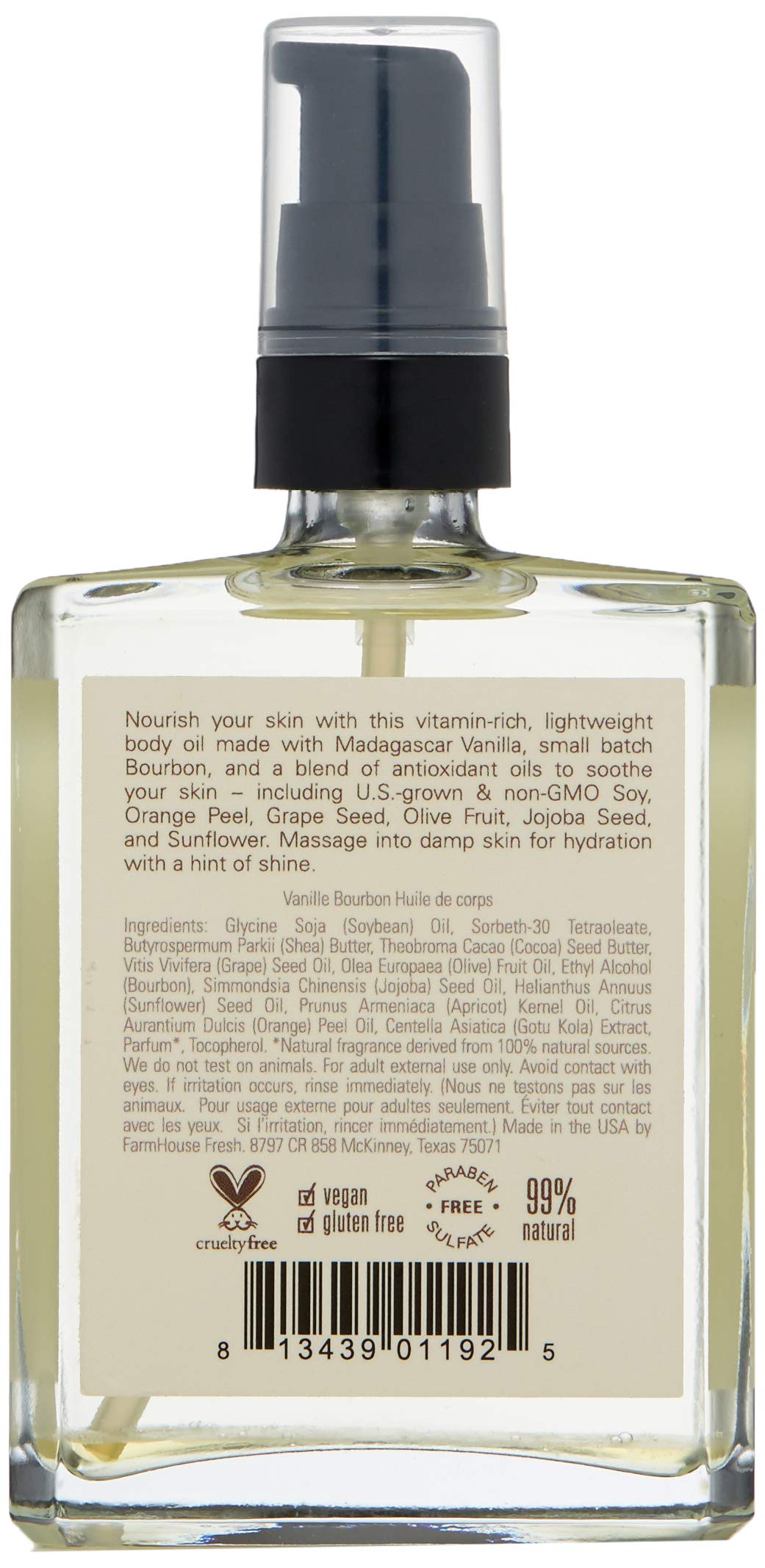 Applying FarmHouse Fresh Vanilla Bourbon Body Oil to skin for a hydrated, aromatic routine.