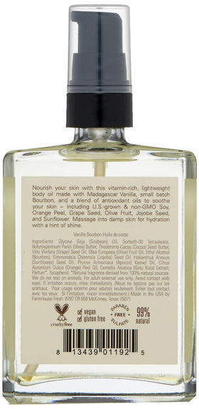Applying FarmHouse Fresh Vanilla Bourbon Body Oil to skin for a hydrated, aromatic routine.