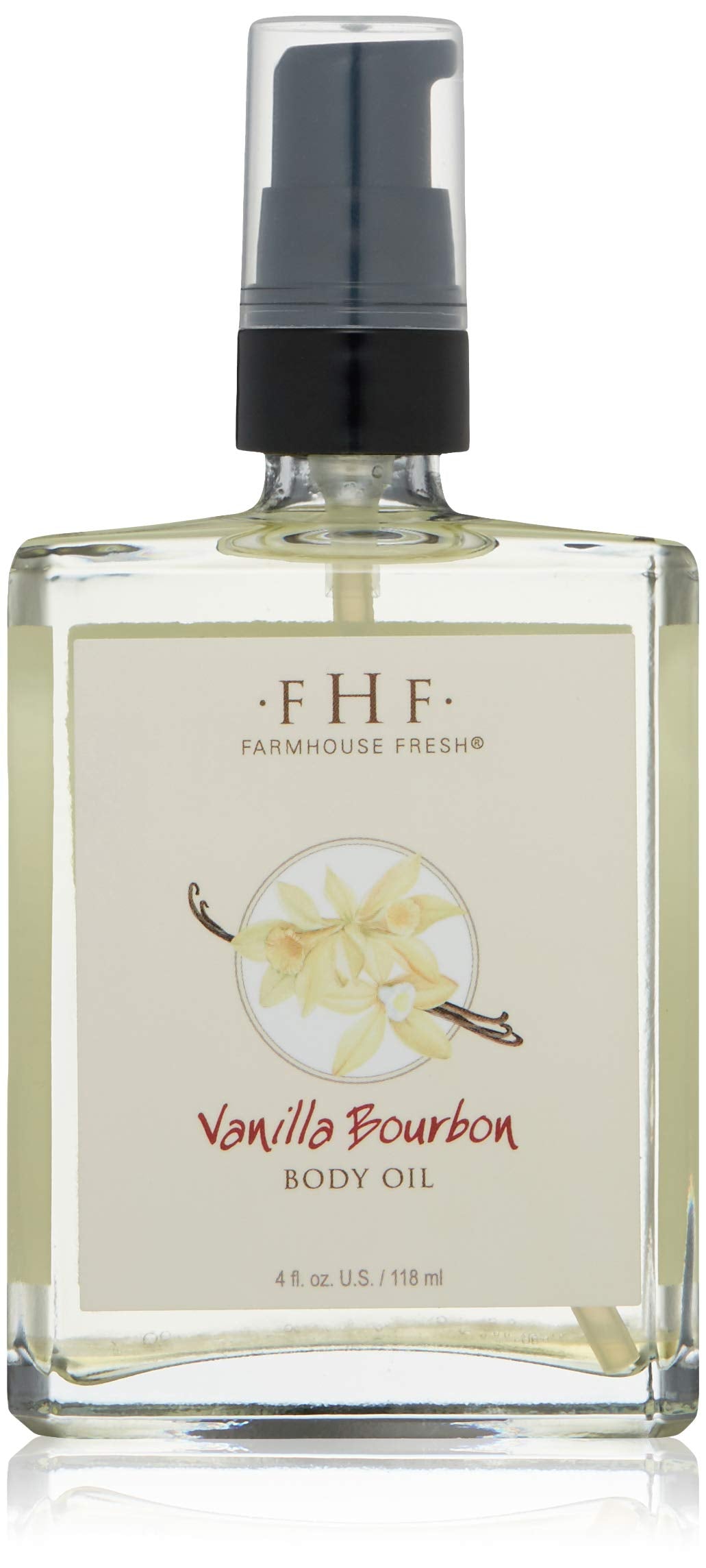 FarmHouse Fresh Vanilla Bourbon Body Oil bottle with a silky glow for hydrated skin.