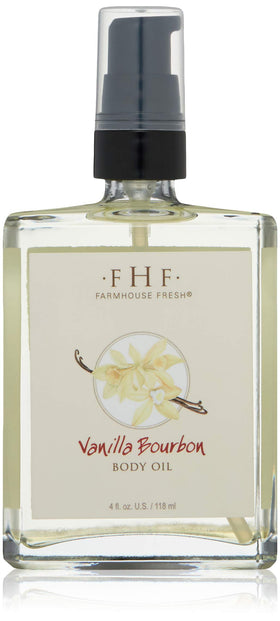 FarmHouse Fresh Vanilla Bourbon Body Oil bottle with a silky glow for hydrated skin.