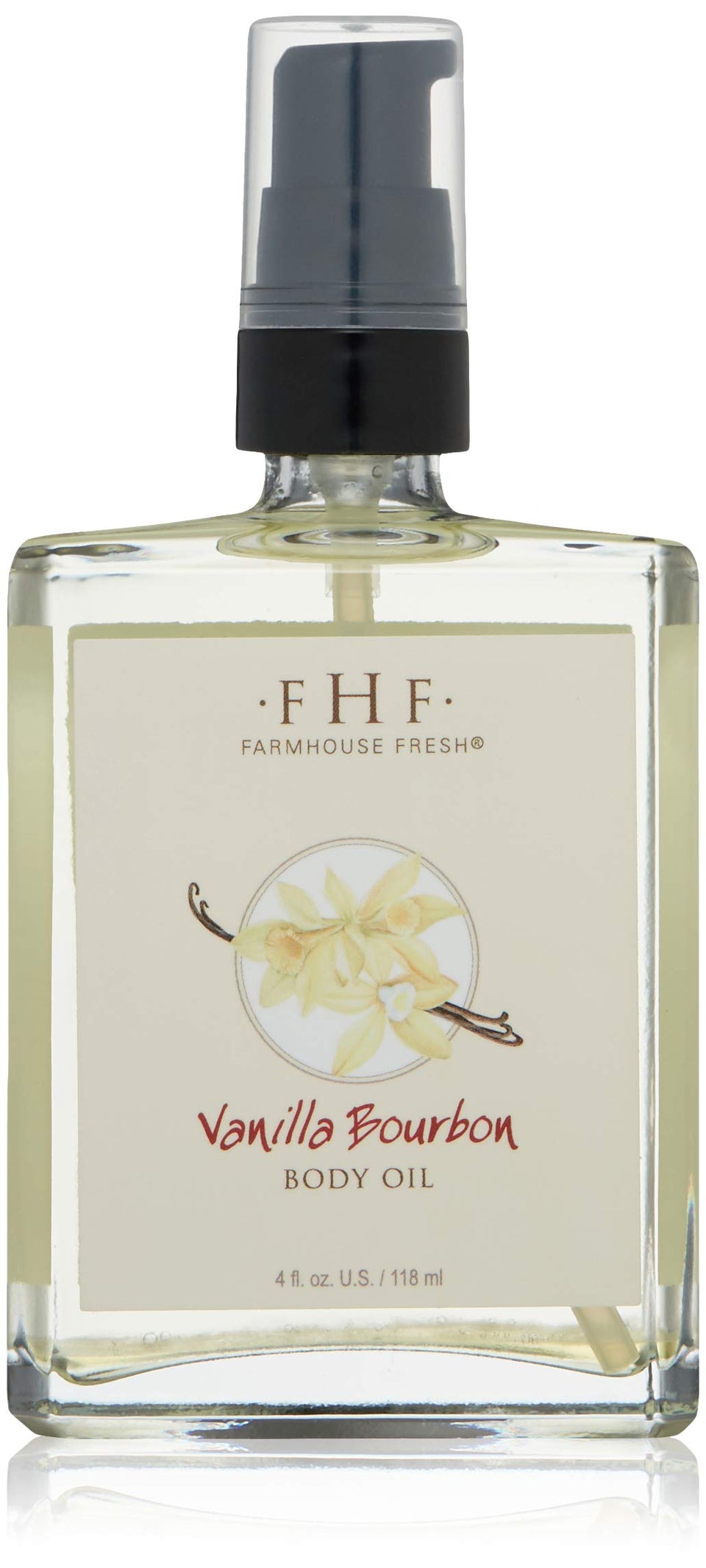 FarmHouse Fresh Vanilla Bourbon Body Oil bottle with a silky glow for hydrated skin.