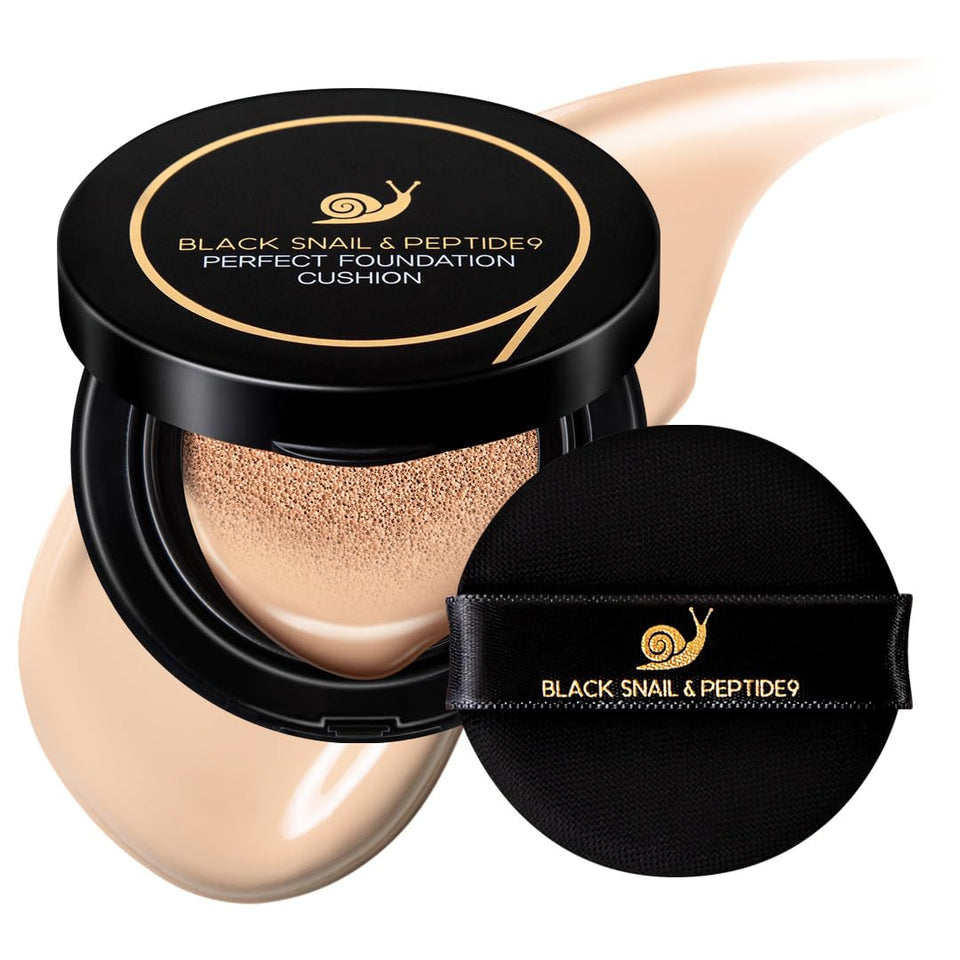 Farmstay Black Snail Peptide 9 Perfect Cushion compact shows smooth, buildable coverage.