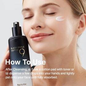 FARMSTAY Black Snail 9 Emulsion delivers a soft dewy glow.