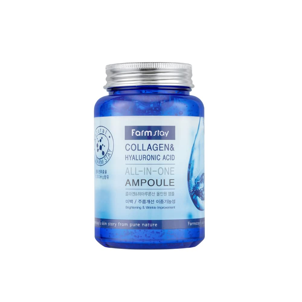 Farmstay collagen and hyaluronic ampoule bottle showcases hydration boost for dry skin.