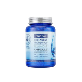 Farmstay collagen and hyaluronic ampoule bottle showcases hydration boost for dry skin.