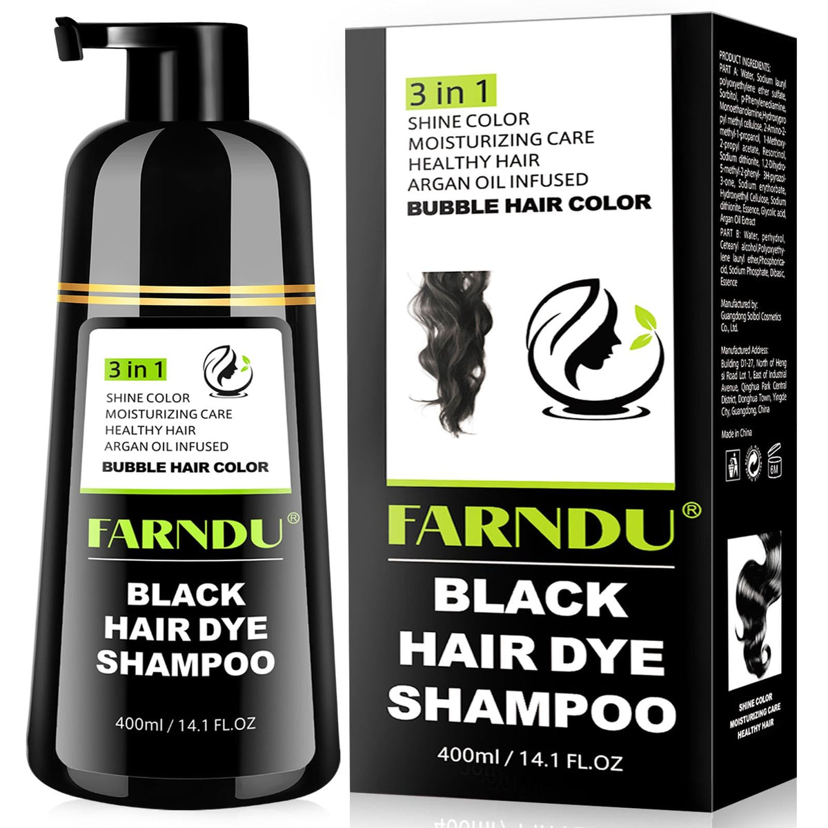Farndu Black Hair Dye Shampoo bottle ready for 3-in-1 color transformation.
