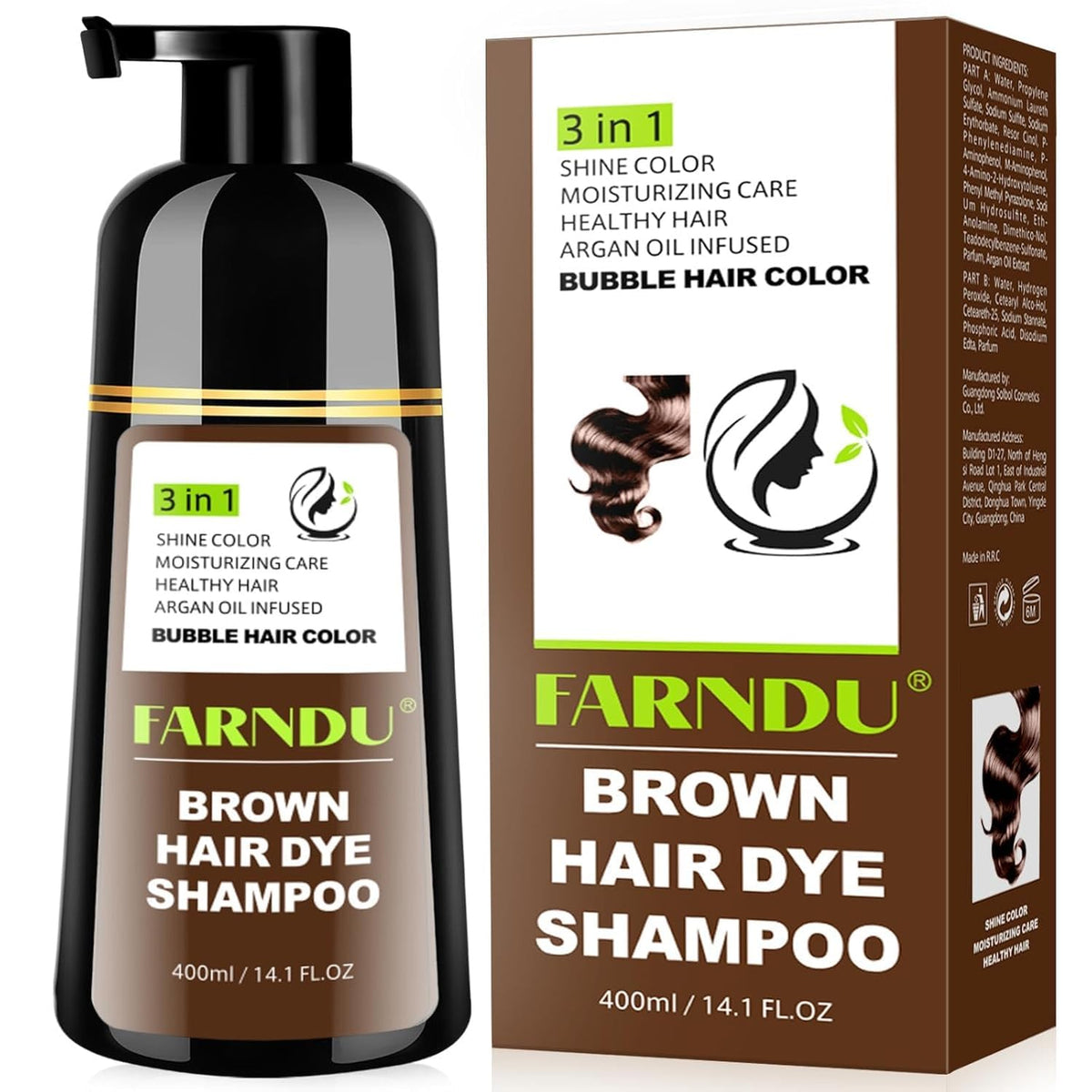 Farndu Brown Hair Dye Shampoo bottle for easy at-home color application.