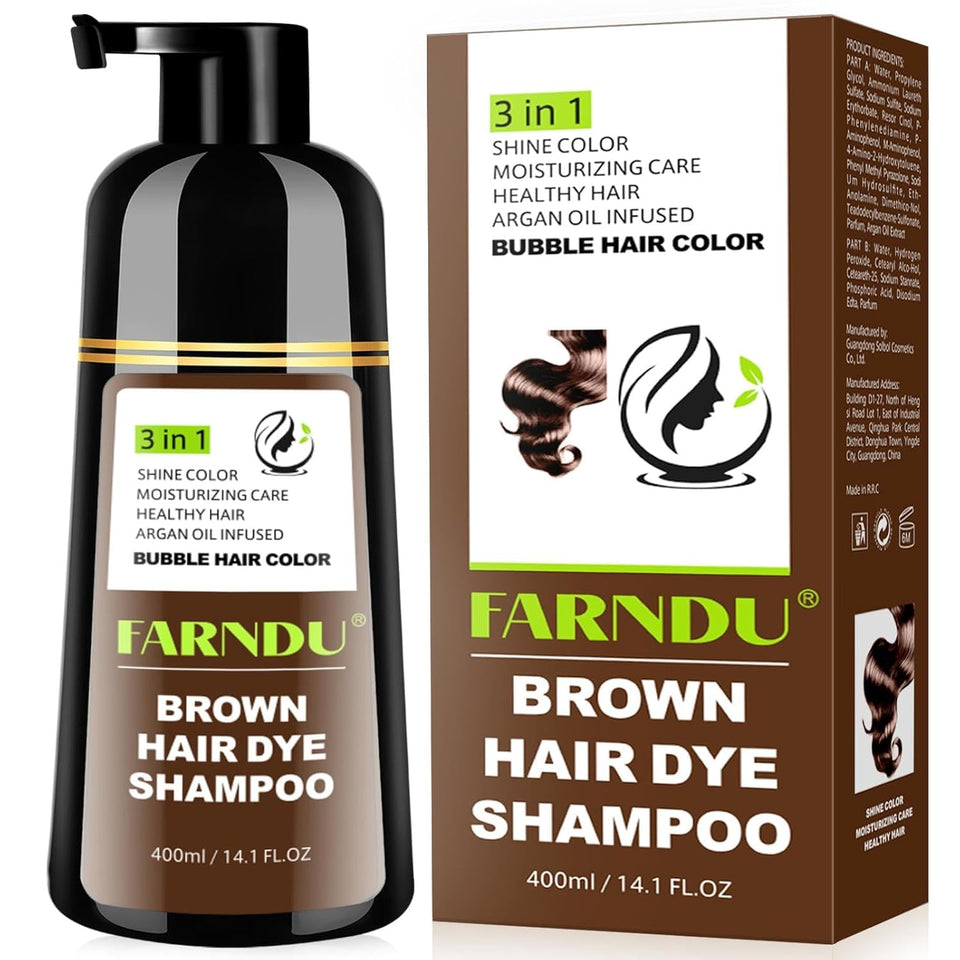 Farndu Brown Hair Dye Shampoo bottle for easy at-home color application.