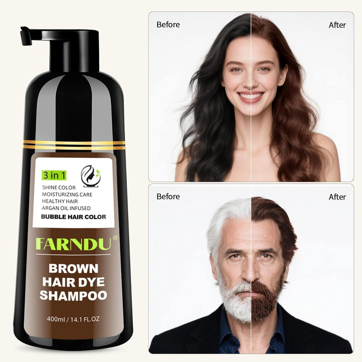 Foam from Farndu Brown Hair Dye Shampoo during lather for even color.