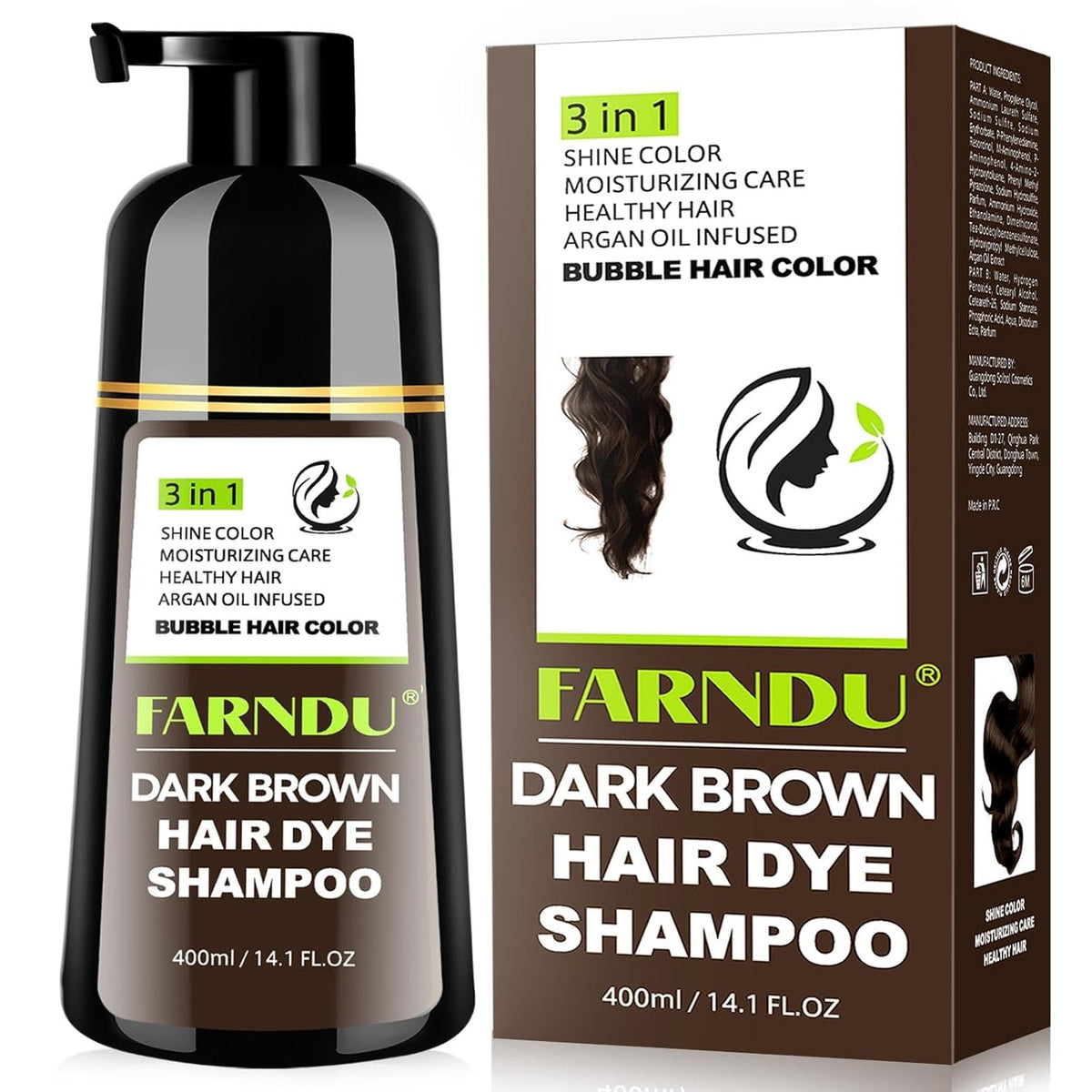 Farndu Dark Brown Hair Dye Shampoo bottle ready for at home color