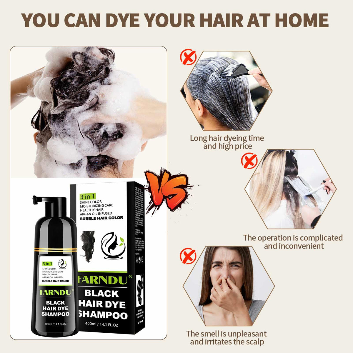 Farndu hair dye shampoo lather demonstrating gentle cleansing while depositing color.