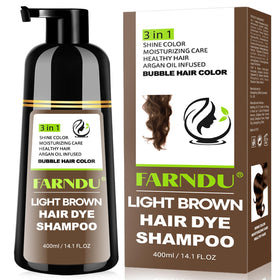 Farndu Light Brown Hair Dye Shampoo bottle for at-home color and gray coverage.