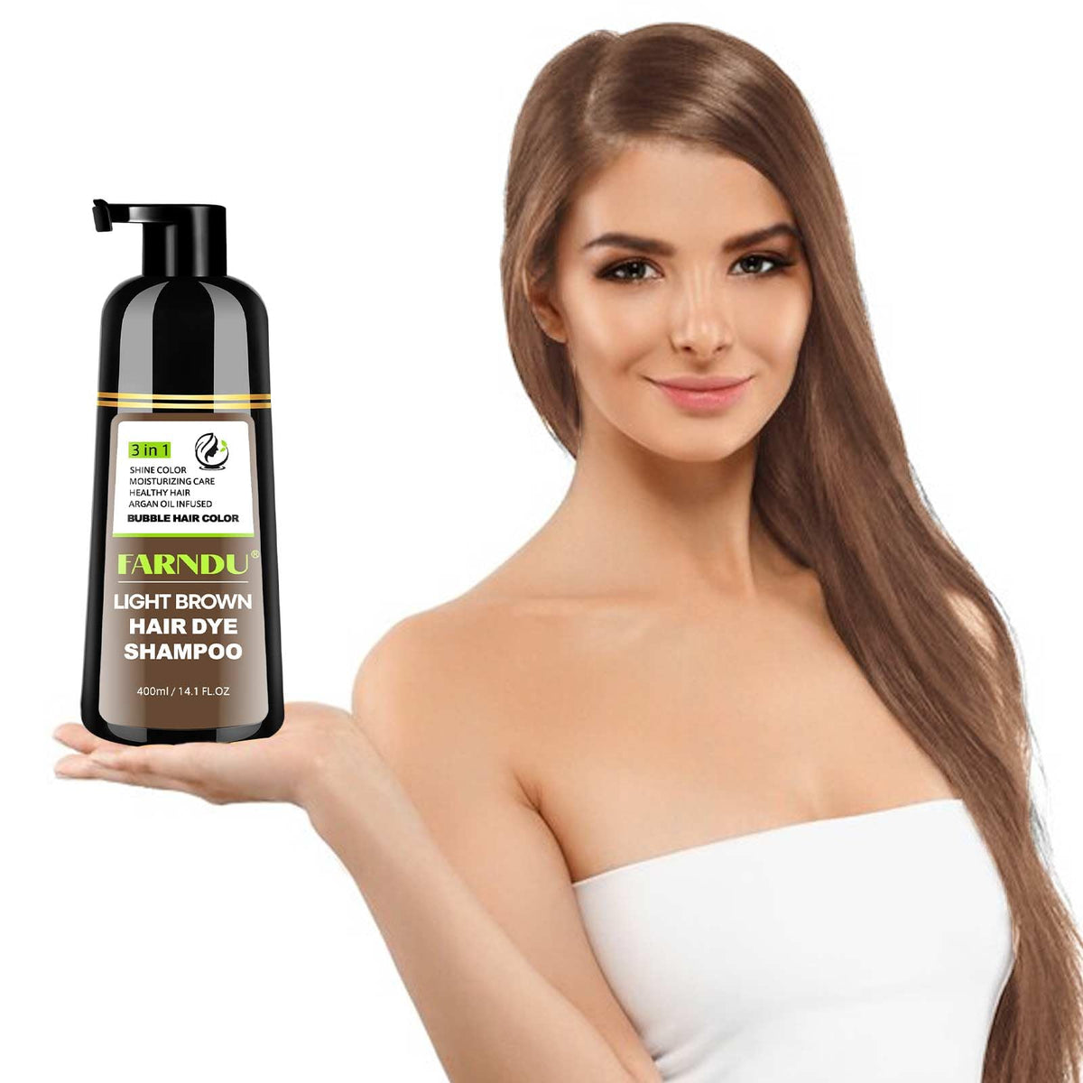 Farndu Light Brown Hair Dye Shampoo final result on hair with natural tone.
