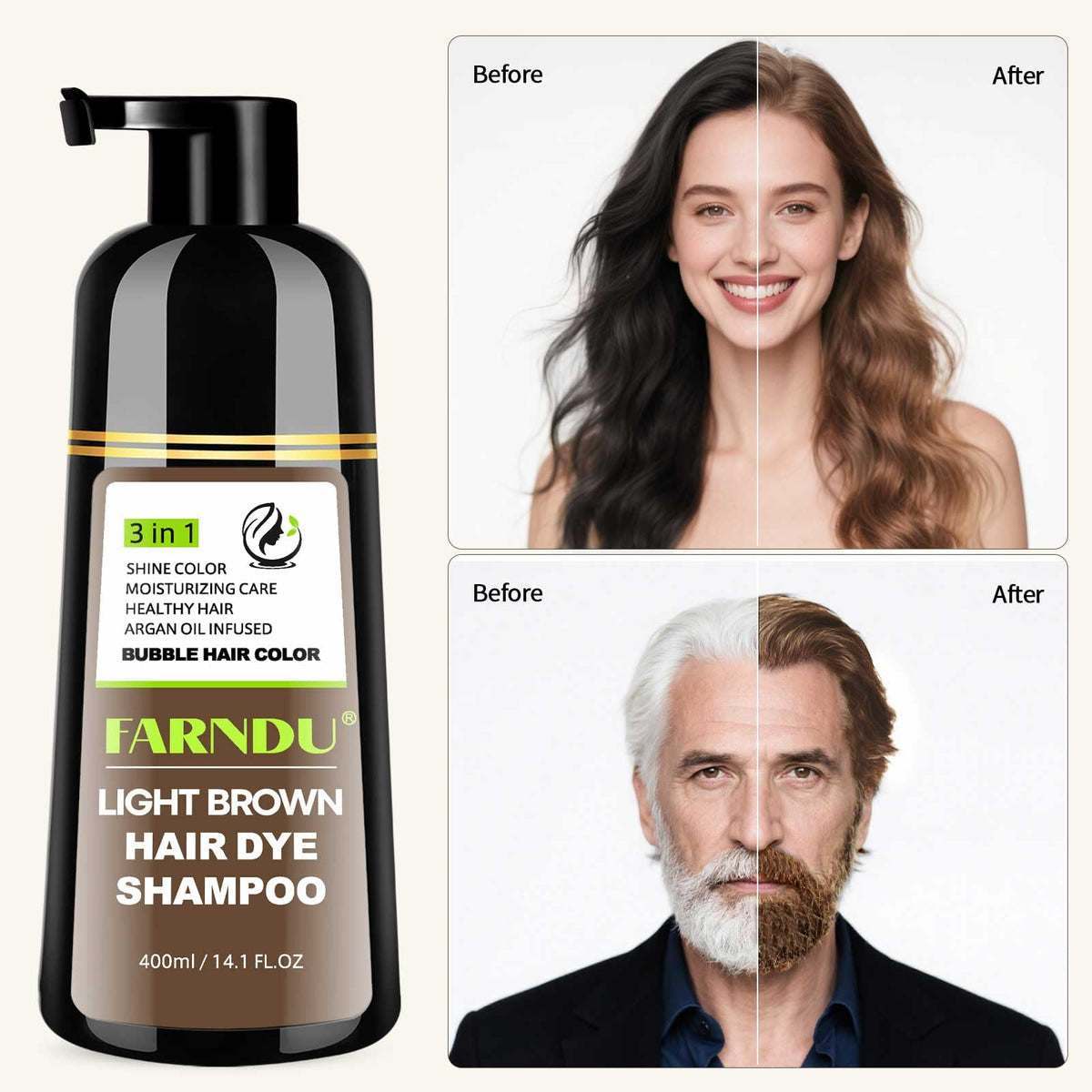 Farndu Light Brown Hair Dye Shampoo lathering scene highlights no harsh scent.
