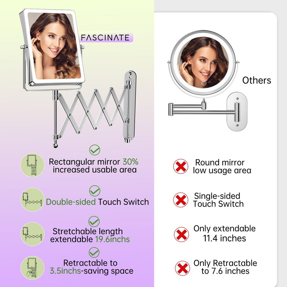 FASCINATE 30x magnifying side reveals fine facial details for precise makeup.