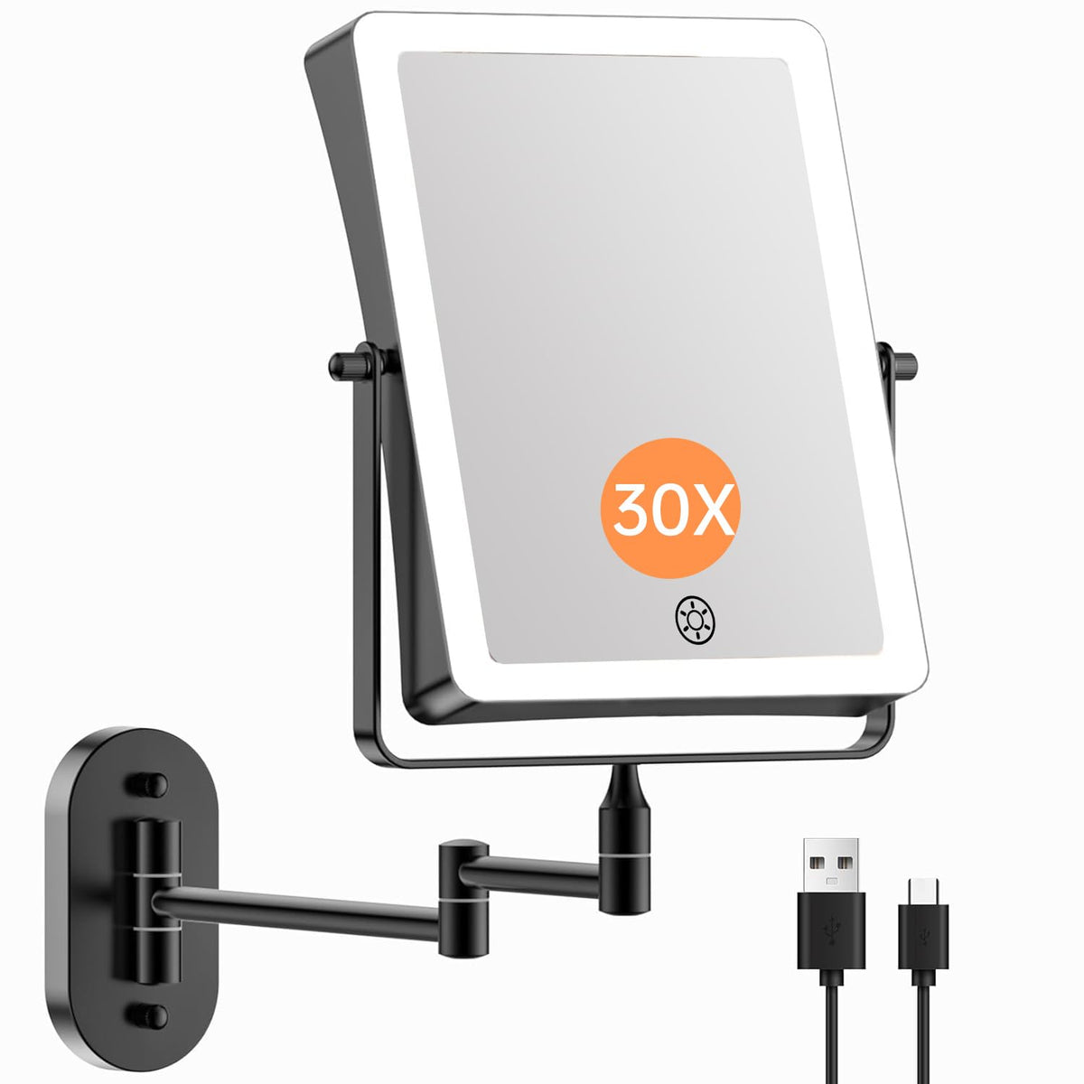 FASCINATE wall mirror showing 5000mAh battery for cordless use and long uptime.