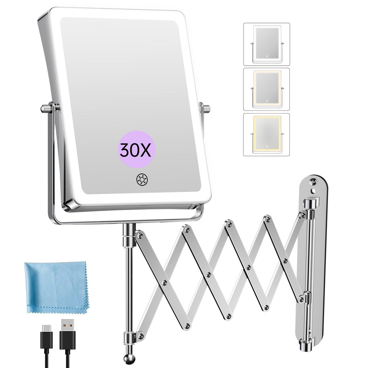 FASCINATE 5000mAh rechargeable wall-mount makeup mirror with lights, cordless convenience.