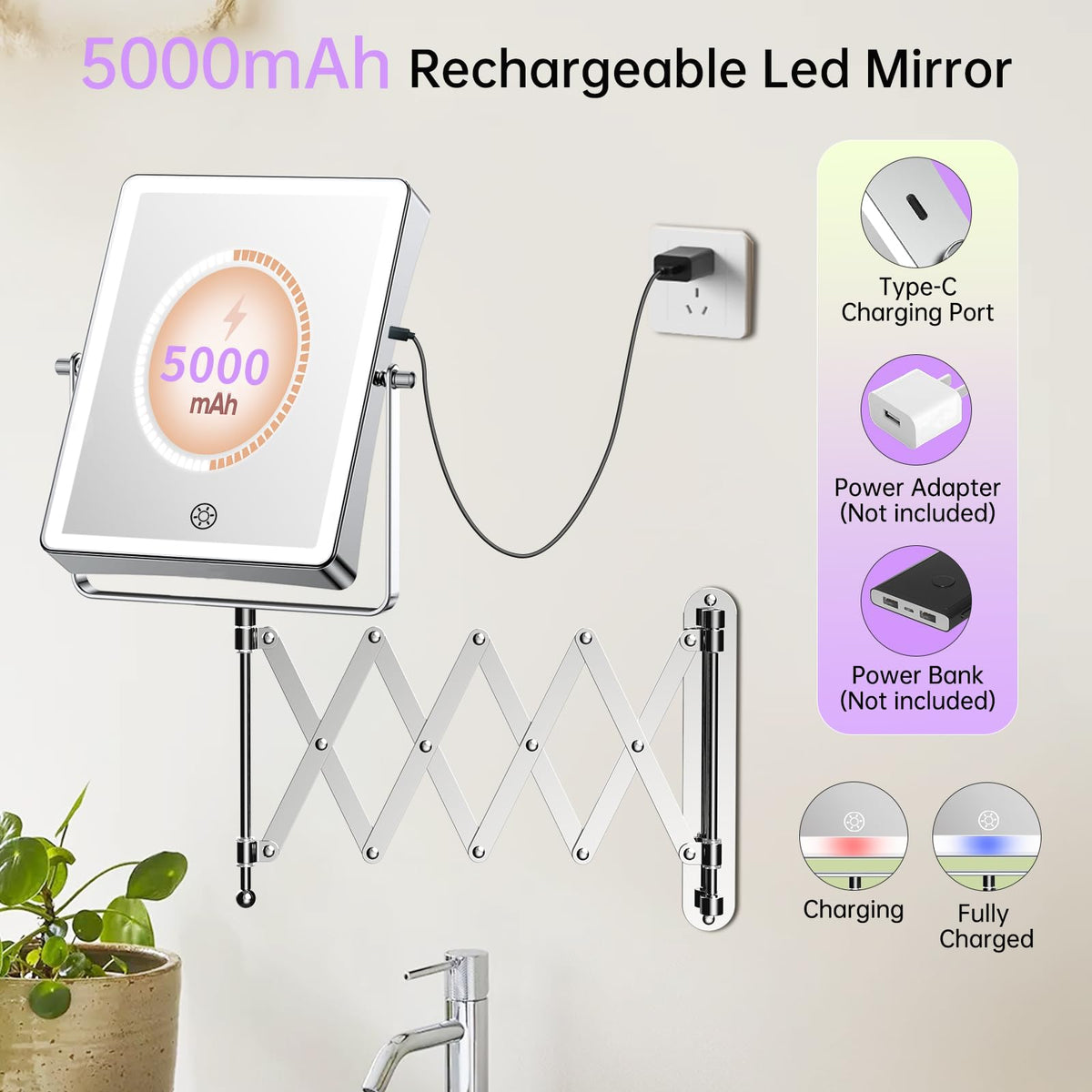 FASCINATE 8.7-inch double-sided makeup mirror shows 1x and 30x magnifications.
