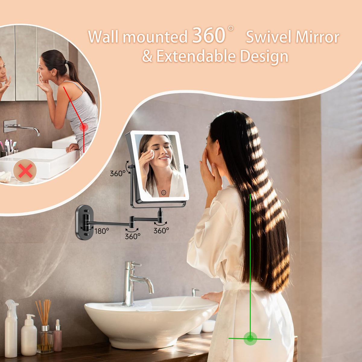 FASCINATE black finish wall-mount mirror blends with modern bathrooms.