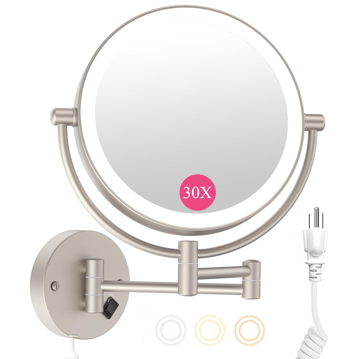 FASCINATE wall-mounted makeup mirror 30x/1x detail for precise makeup tasks