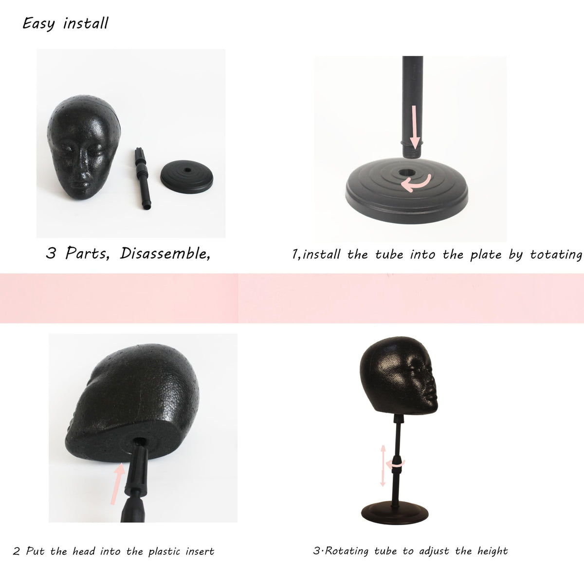 Fashion Do adjustable stand base detail shows stable platform for wigs.