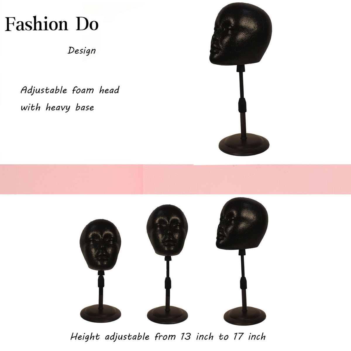 Fashion Do black styrofoam head holder supports wig shaping and display.