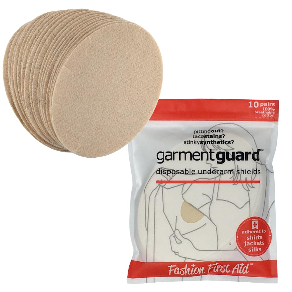 Fashion First Aid Garment Guard beige underarm pad on shirt for invisible sweat protection.