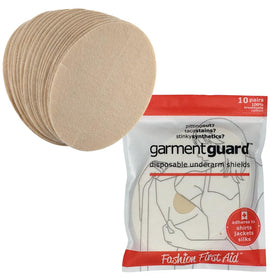 Fashion First Aid Garment Guard beige underarm pad on shirt for invisible sweat protection.