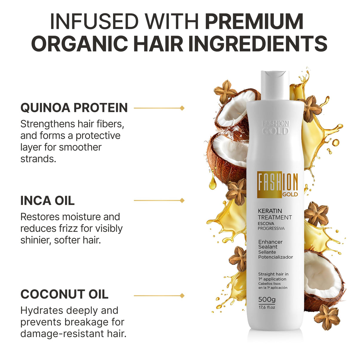 Fashion Gold Keratin ingredients image featuring INCA OIL, Coconut Oil, Quinoa