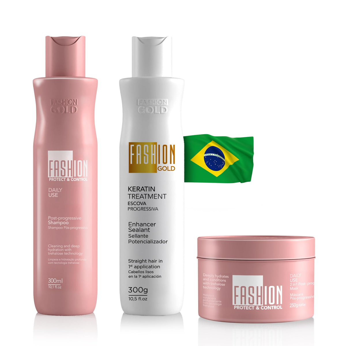 Fashion Gold keratin kit box ready for a home salon-grade smoothing session.