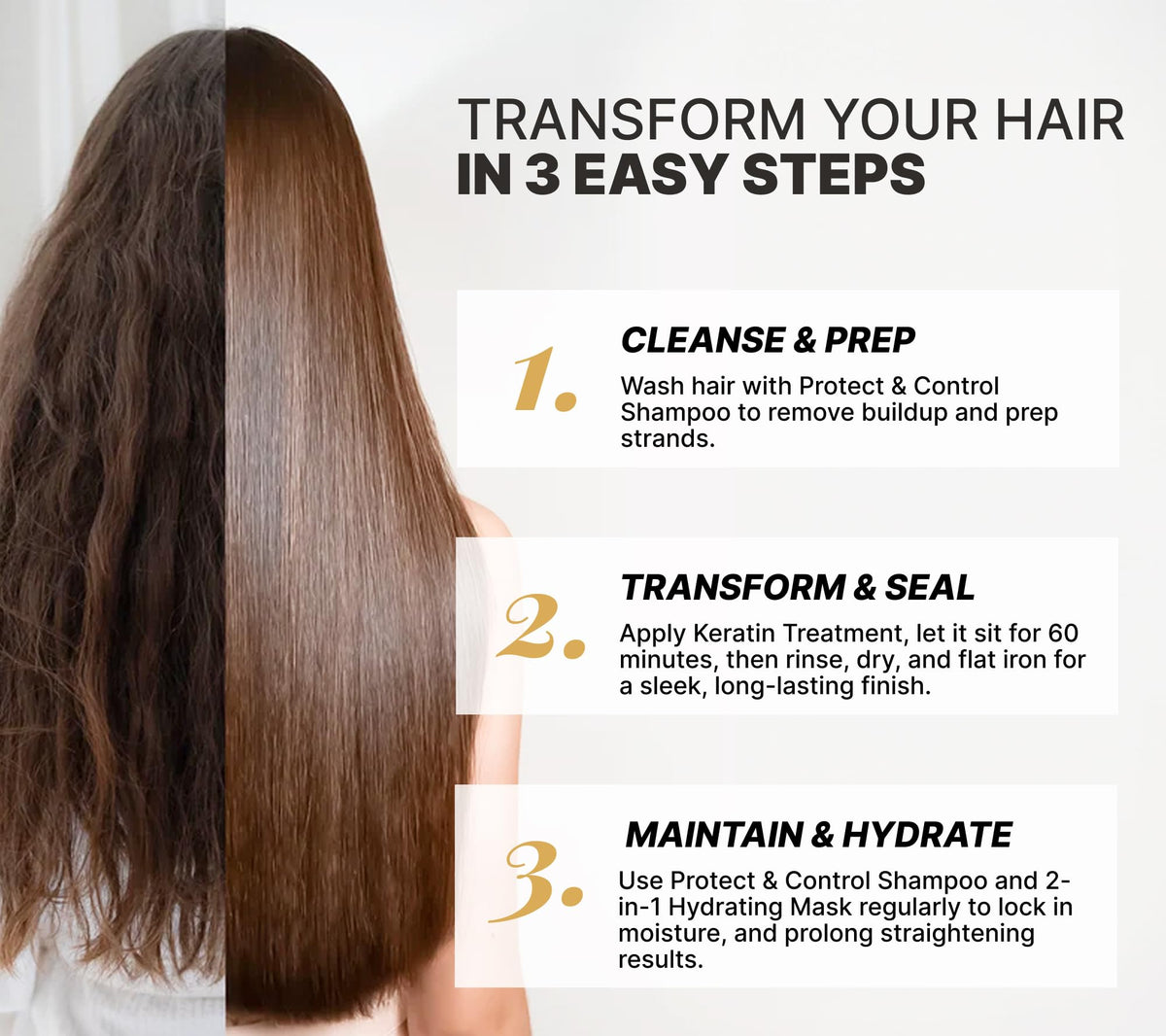 Fashion Gold keratin-treatment bottle for long-lasting hair straightening at home.