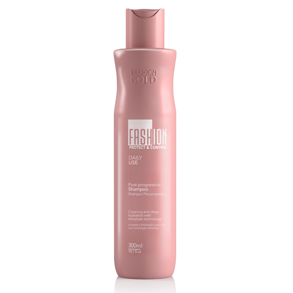 Fashion Gold Shampoo 300ml bottle front highlights premium packaging and keratin-smoothing support.