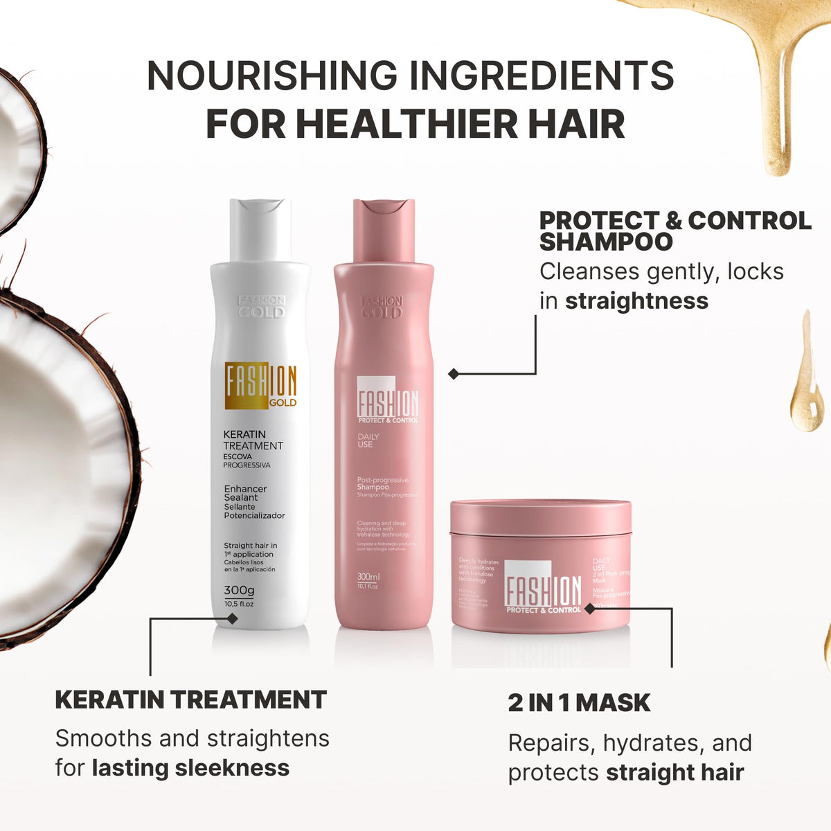 Fashion Gold sleek straight hair finish after treatment with frizz control.