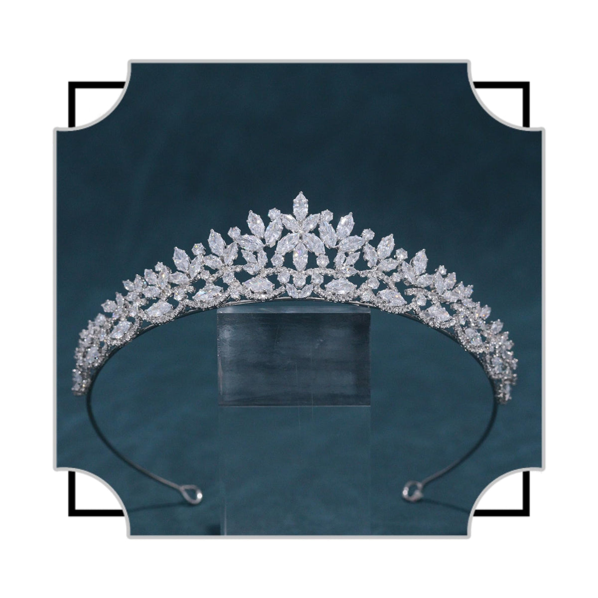 FASNAHOK Silver CZ tiara front view shows leaf and flower motifs for bridal look