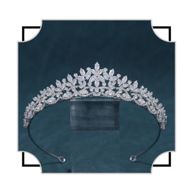 FASNAHOK Silver CZ tiara front view shows leaf and flower motifs for bridal look