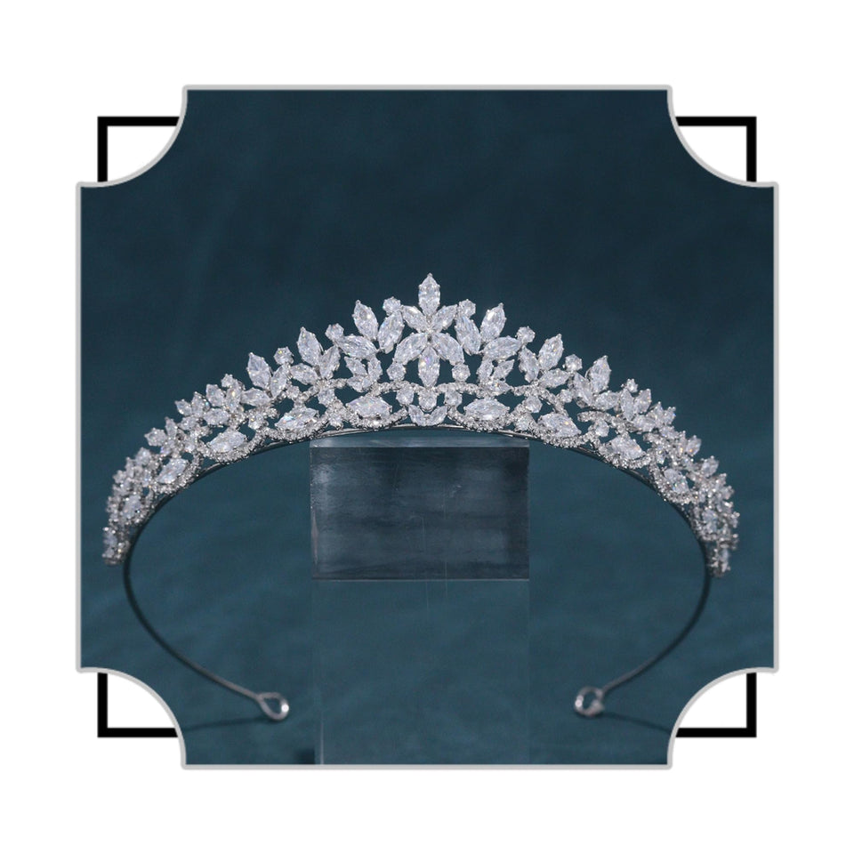 FASNAHOK Silver CZ tiara front view shows leaf and flower motifs for bridal look