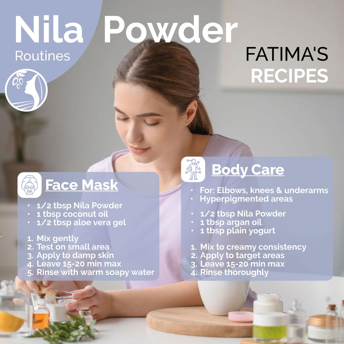 Fatima's Garden Nila Indigo powder in a natural ingredient scene.