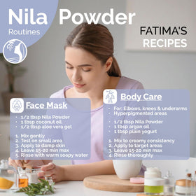 Fatima's Garden Nila Indigo powder in a natural ingredient scene.