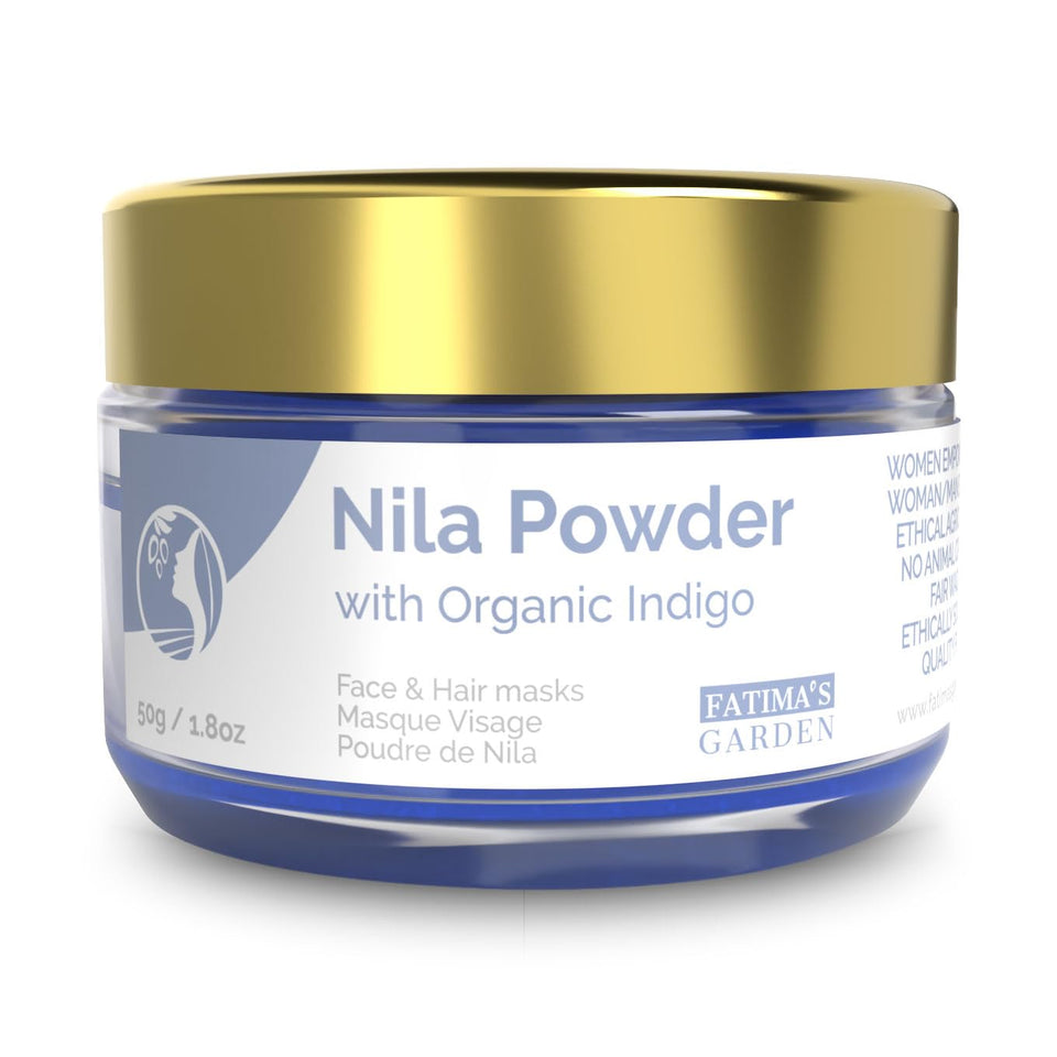 Fatima's Garden Pure Nila Indigo powder packaging for DIY beauty routines.