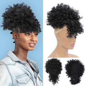 Fayasu Afro Puff drawstring ponytail with bangs showing easy top bun attachment and natural look.