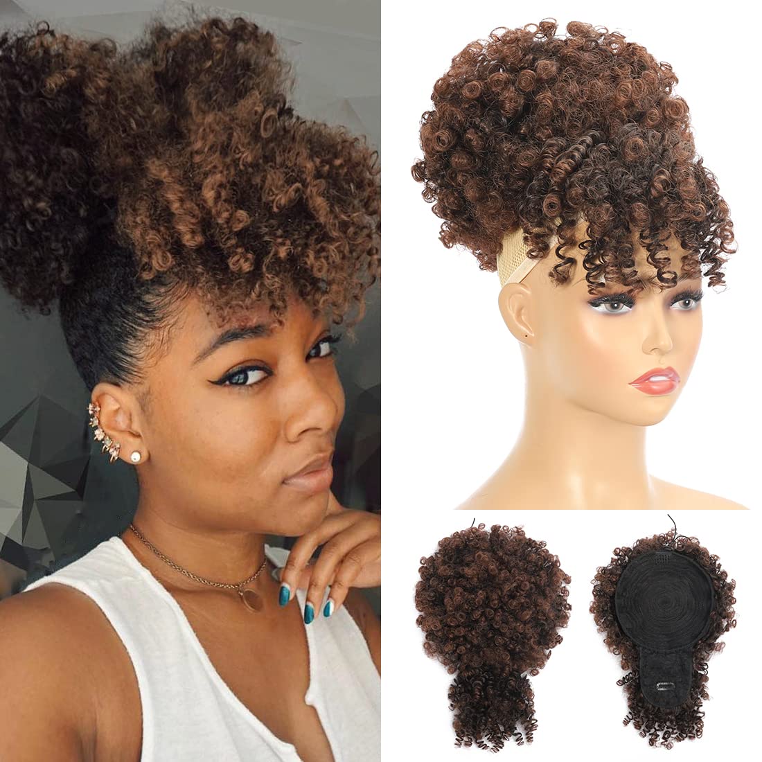 Fayasu Afro Puff ponytail with bangs for quick, natural updo.