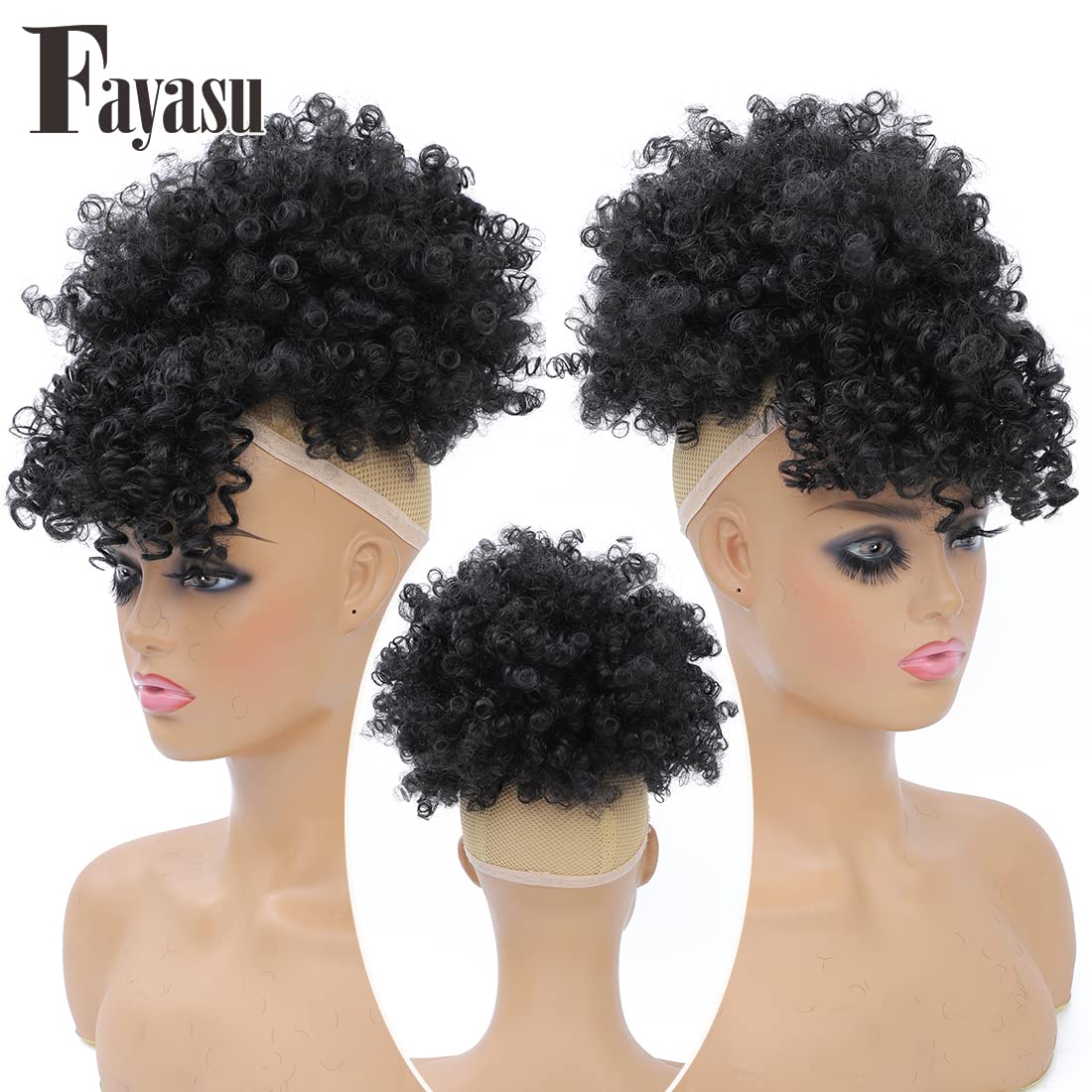 Fayasu Afro Puff wearable look on model showing clip-in style with headband option.