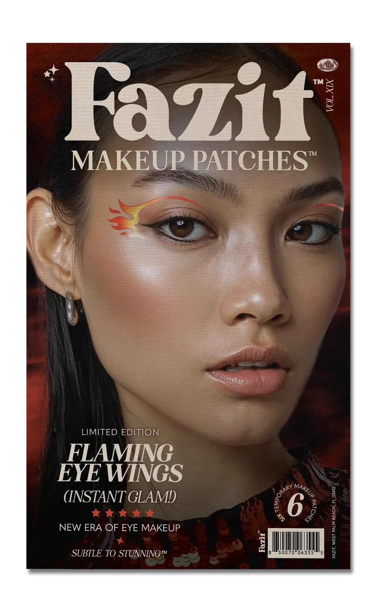 Fazit flaming eye speckles patch adds glittery, easy-to-apply facial specks for festive looks.