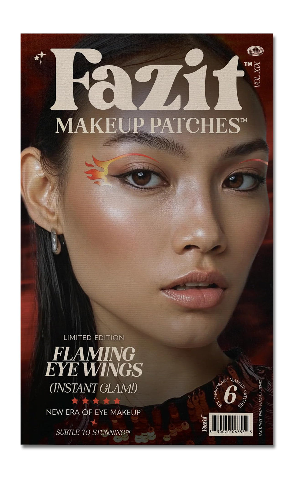 Fazit flaming eye speckles patch adds glittery, easy-to-apply facial specks for festive looks.