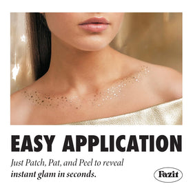 Fazit makeup patches shown on cheek with glitter speckles catching light