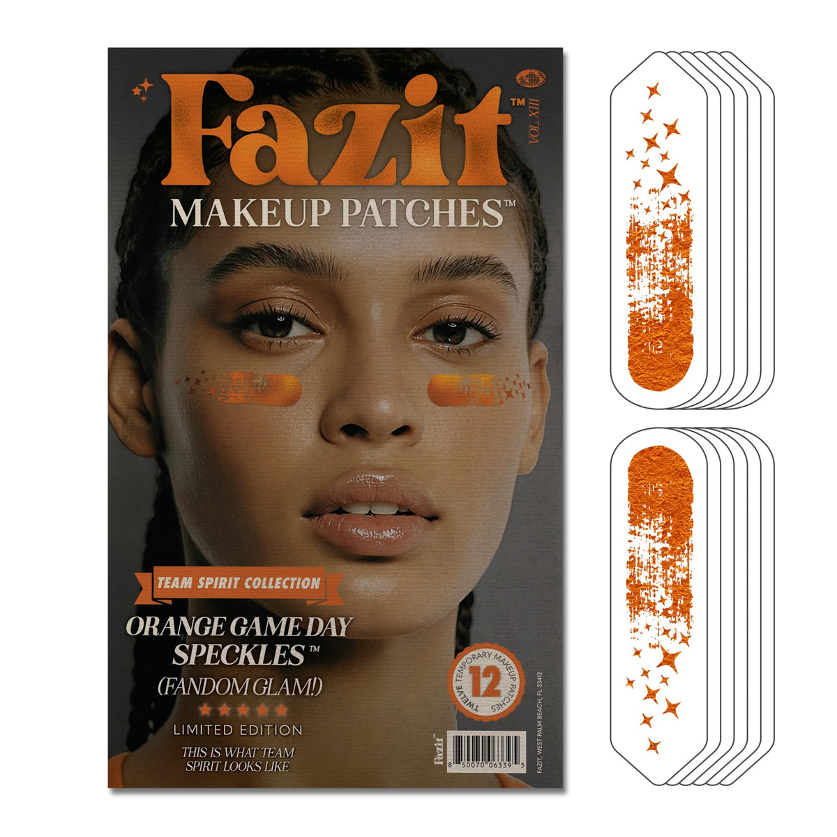Fazit orange game day speckle patches front view adds festive glitter to makeup looks