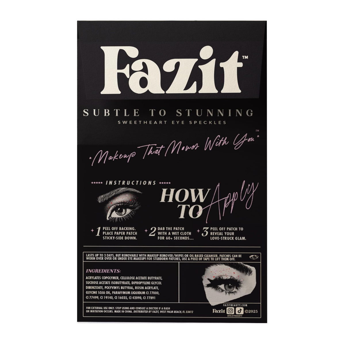 Fazit Sweetheart Eye Speckles patch on skin showcases easy, mess-free glitter application